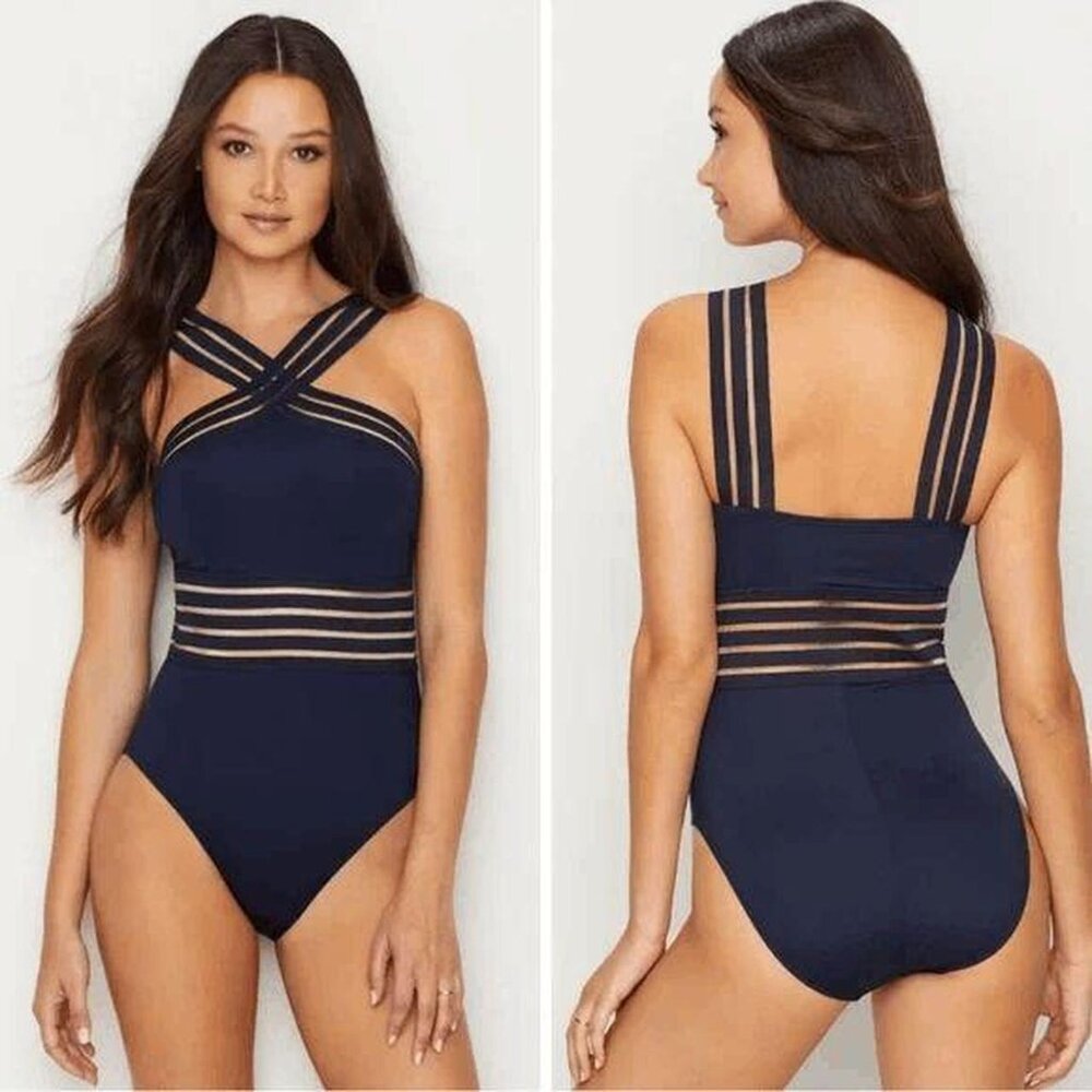 NWT Kenneth Cole Women's Onepiece Swimsuit Small Midnight Navy Mesh Cutouts